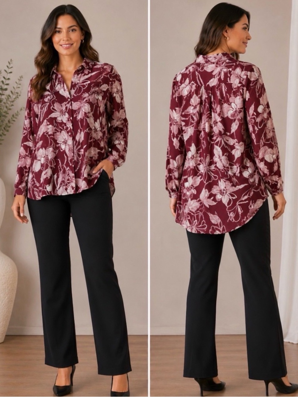Magaschoni Burgundy and Cream Floral Button-Up Blouse 100% Linen NWOT